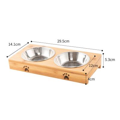 China OEM Logo Custom Stainless Steel Dog Cat Feeding Bowls Ceramic Dual Automatic Pet Bowls With Wooden Stand for sale