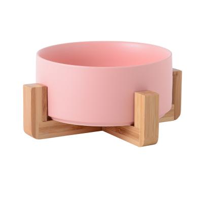 China Wholesale Sustainable Logo Custom Matted Elevated Dog Bowl Non Slip Ceramic Pet Bowl With Wooden Stand for sale