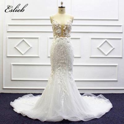 China Luxurious Sexy Anti-wrinkle Mermaid Wedding Dresses Beaded 3 D Flower Crystal Beads Sheer Zipper Closure Wedding Dress Corset Bridal Gown for sale