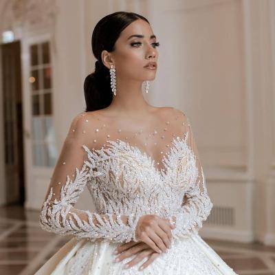 China New Arrival Viable Crystal Ball Gown Wedding Dresses 2021 Heavy-Beaded Backless Luxury Long Sleeves V Wedding Dresses for sale