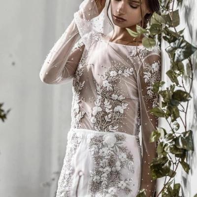 China 2019 Sale Heavy Floral Beaded Sheath Beach Wedding Dress Long Sleeves O Neck Anti-Static Hot Pattern Illusion Bodice Bridal Gowns for sale