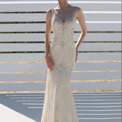 China Eslieb 2020 Anti-Static Collection Luxury Round Neck Sheath Wedding Dress Illusion Sweethearts Striping Full Beading Hand Made Wedding Dress for sale