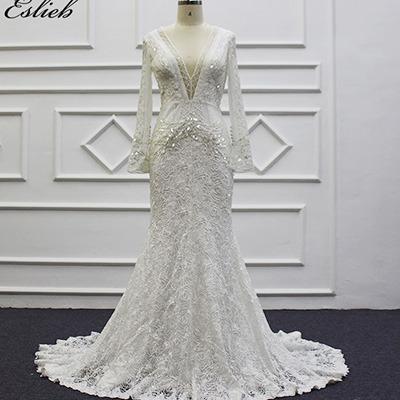 China 2019 Anti-Wrinkle Sexy Deep V-Neckline Wedding Dress Sheath Long Beading Lace Wedding Dress Zipper Back Bridal Dress for sale