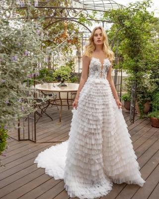 China Eslieb Anti-Static Romantic Fairy Fair A Line Cut Princess Wedding Dress Layered Ruffles Neckline Cut Sweep Train Backless Deep Wedding Dress for sale