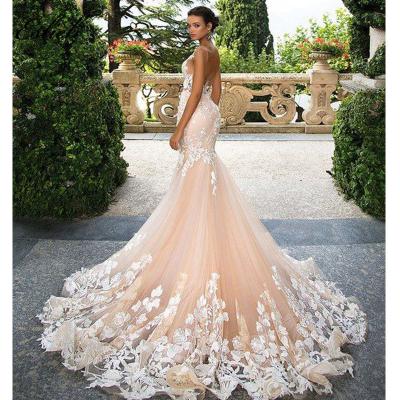 China Fairytale Flower Wedding Dresses Anti-wrinkle Bridal Gown Sheer Backyard Sexy Train Mermaid Dress Invisible Bodice Neckline for sale