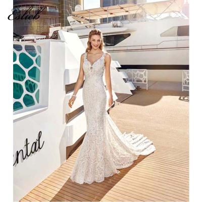 China 2019 Lace Wedding Dress Mermaid Wedding Dress Strapless Wide Button Sheer Back Court Tail Sweet Anti-wrinkle Lace Wedding Dress for sale