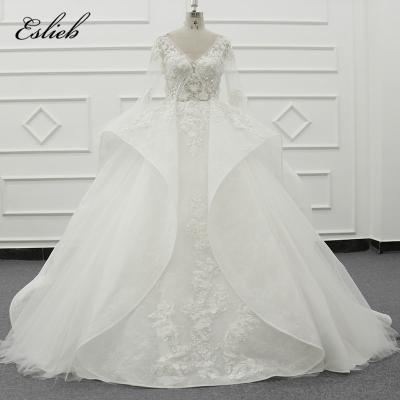 China Dimensional Ball Gown Breathable V-Neck Flower Beading Wedding Dress Sleeve Flare Long Sheath Luxurious Bridal Gowns for sale