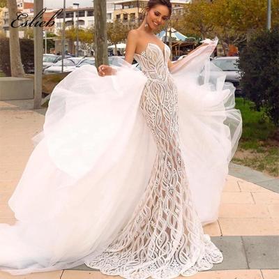 China The Latest 2019 Mermaid Wedding Ball Gown Illusion Off Shoulder Backless Heavy Anti-static Beaded Detachable Train Tulle for sale