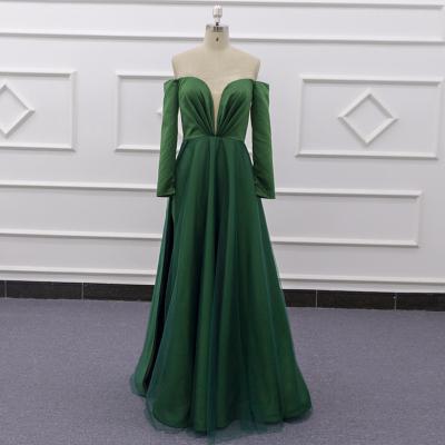 China Eslieb SJ291 Simple Style Anti-Static Custom Made Simple Green Off The Shoulder Pleat Long Sleeve Wedding Dress Evening Dress for sale