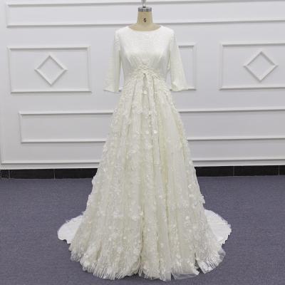 China Real Photo 3D Flower Lace Anti-Static Middle Sleeve O-Neck Turkey Wedding Dresses Eslieb SJ362 Sexy Wedding Dress for sale