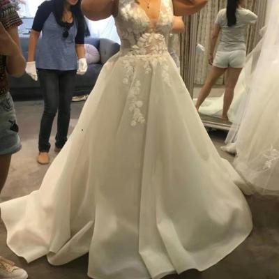 China 2020 new v neckline washable a line wedding dress sleeveless lace appliques sheer bodice wedding dress for sale