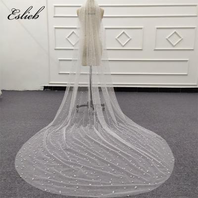 China 2019 Pearl Edge Eslieb Arrival 3 Meter Exquisite Pearl Long Veil Bridal Veil Wedding Accessories White for sale