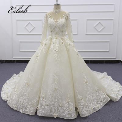 China Eslieb SJ196 photo real high neckline champagne lace pearl anti-static heavy beaded lace embroidered muslim wedding dress for sale