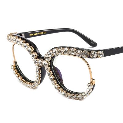 China For Reading Glasses 2022 Hot Selling Rhinestone Eyeglasses Frames Shape Big Square Cat Eye Bling Frame Optical Diamond Anti Blue Glass Light Frame for sale