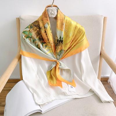 China Factory direct sales new multifunctional square print polyester sunflower oil painting silk scarf for women for sale