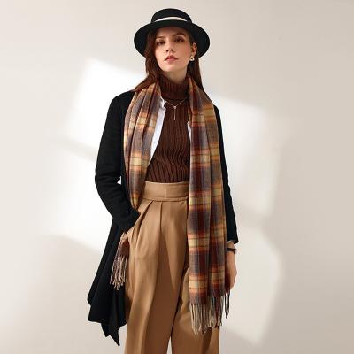 China New Winter Polyester Women Cashmere Scarf Retro Plaid Pattern Pashmina Tassel Thick Printed Shawl for sale