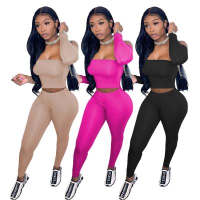 China 2021 Solid Color QUICK DRY Classy Long Sleeve Off Shoulder 2 Piece Yoga Joggers Set Women Clothing for sale