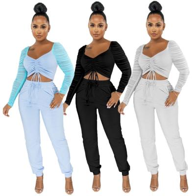 China 2021 Yoga Drop Two Piece Sets Casual Women's Anti-Wrinkle Drawstring Ruched Outfits Two Piece Set for sale