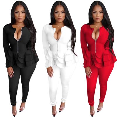 China Anti-Static Women's Fashion Solid Color Elegant Sleeve Ruffled Tops Long With Pants Woman 2 Pieces Set Elegant for sale