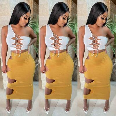 China Grils Breathable Long Dress Dresses Bandage Crop Top Cavity Maxi High Quality Women Two Piece Set for sale