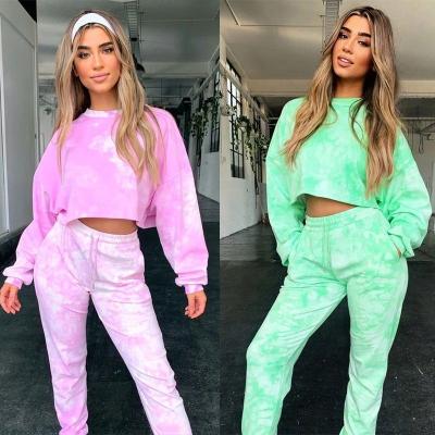 China Ladies 2021 New Arrivals QUICK DRY Tie Two Piece Set Dye Printed Loose Tracksuit Women Fashion Casual Jogger for sale