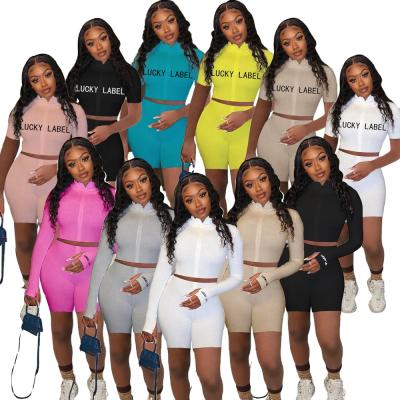 China 2021 Breathable Hot Selling Trending Long Sleeve Summer 2 Piece Set Lucky Label Two Piece Pants Set Two Piece Set Women Sweat Suits Shorts Set for sale