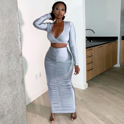 China 2021 BOYI QUICK DRY New Arrival Long Sleeve V-Neck Crop Top Pleated Long Fitted Skirt Fall 2 Piece Skirt Set Women Fitness Clothing for sale