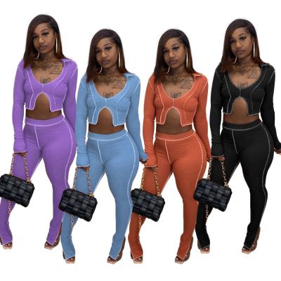 China BOYI Viable Newcomer Plus Size Square Neck Crop Top Skinny Slit Casual Jogger 2 Piece Pants Set For Women for sale