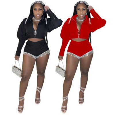 China BOYI 2022 Sustainable Newcomer Plus Size Stand Collar Long Sleeve Zipper Crop Top Tassel Shorts Tracksuit Jogger 2 Piece Set For Women for sale