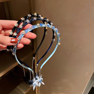 China Women's Sweet Korean Custom Rhinestone Hair Accessories Fashion Flower Long Tassel Crystal Baroque Bow Ribbon Headband for sale