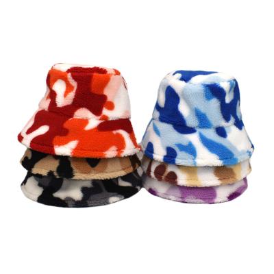 China 2021 soft comfortable adult cheap women 2021 loose winter hat warm autumn woolen luxury camouflage soft 6 color tie dye lamb fur bucket hat hairy print for sale