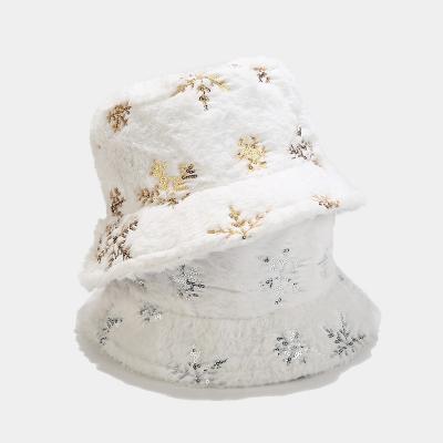 China 2022 Wholesale Fashion Christmas Winter Designer Rabbit Hair Warmth Fur Women Bucket Hat Cute Soft Comfortable Hairy Sequin Gold Snow Bucket Hat for sale