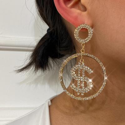 China FASHIONABLE Designer Full Diamond Round $ dollar 2021 Bling Dangle Earrings Gold Luxury Crystal Rhinestone USD Silver Sign Drop Earrings for sale