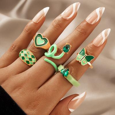 China 2021 Retro Vintage Oil Drip Green Butterfly Ring Set Ins Gold Plated Joint Diamond Butterfly Chunky Ring Set For Women Gift for sale