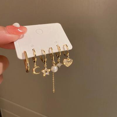 China FASHIONABLE Korean Mixed Designer Minimalist Gold Plated 6 Pcs Earrings Set Pearl Zircon Stars Dangle Love Heart Circle Dangle Earrings Ladies for sale