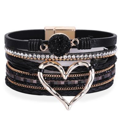 China 2022 FASHIONABLE Gold Plated Natural Stone Designer Bohemian Crystal Beaded Gold Heart Layered Leather Bracelet For Women Men for sale