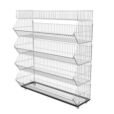 China Sustainable Foldable Wire Mesh Stacking Basket Stand, Movable Layered Wire Basket Display Stand Amazon Manufacturer for sale