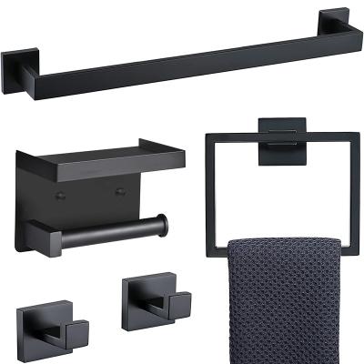 China Modern Wall Mounted Towel Rack Stainless Steel Matt Black Hand Towel Rack Set of 5 Piece Bathroom Accessories for sale