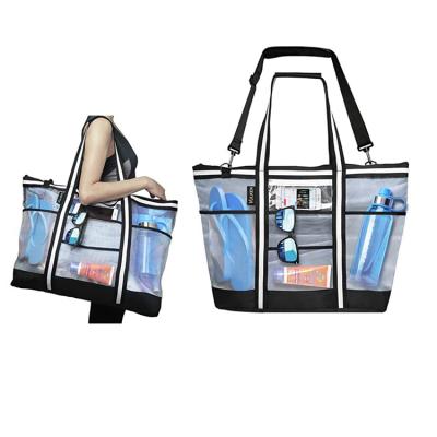 China Large Capacity Tote Storage Universal 9 Top Extra Straps Large Pockets Zipper Organizer 42L Mesh Beach Bag for sale