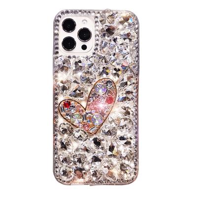 China Luxury Handmade Crystal Clear Bling 3D Diamond Heart Mobile Phone Case TPU Anti-fall With Diamonds Phone Case for sale