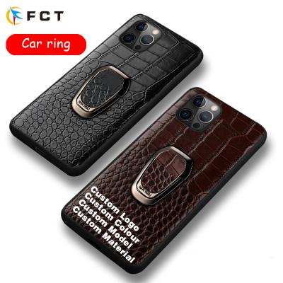 China Custom Anti-drop Crocodile Texture For Iphone 13 With Magnet Finger Ring Holder Genuine Leather Phone Case Back Cover for sale