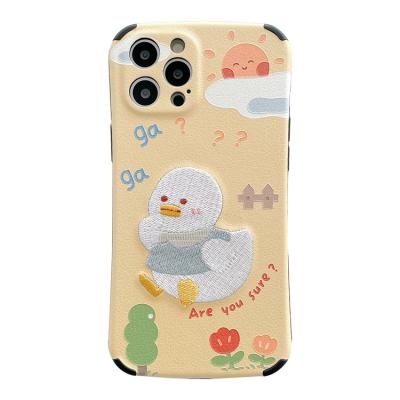 China Custom Cute Duck Embroidery UV Printing Graphics Double Protective PU Leather Cell Phone Case For Iphone 12 for sale