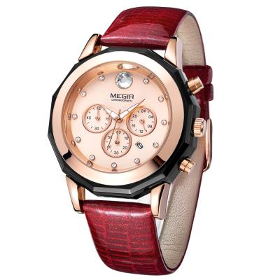 China MEGIR 2042 automatic simple wristwatch women's date band quartz red purple leather ladies watch for sale