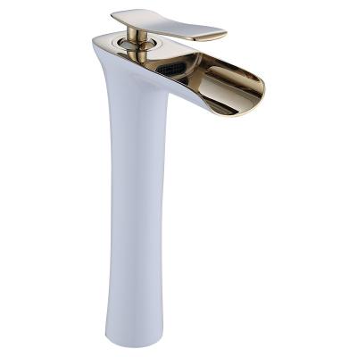 China Hot Selling Bathroom Faucets Gold Waterfall Basin Faucet Metered Brass Deck Mounted Single Handle White Water Faucet for sale