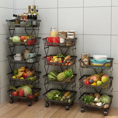 China 3/4/5 tier collapsible kitchen folding fruit basket, fruit and vegetable storage cart, metal wire fruit basket with cart for sale