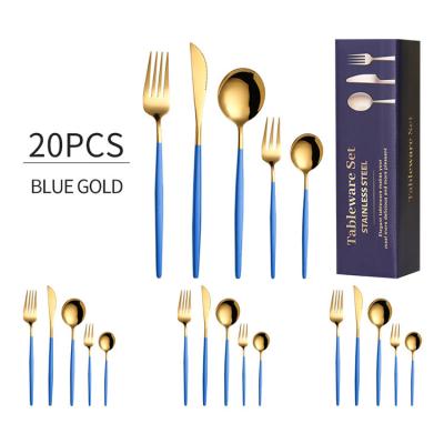 China Gift Box Packing 20pcs Stainless Steel Cutlery Set Dinner Spoon Knife Gold Flatware Viable Luxury White Set for sale