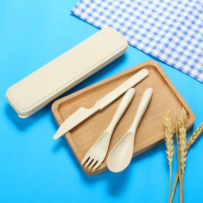 China 3pcs Wheat Straw Disposable Eco Friendly Outdoor Cutlery Set Spoon Knife Viable Biodegradable Portable Plastic Fork for sale