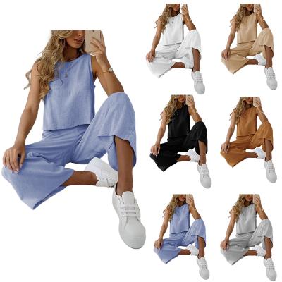 China New Viable Sleeveless Crew Neck Crop Top Solid Color Plus Size Women's Clothing Two-Piece Pants Set Women for sale