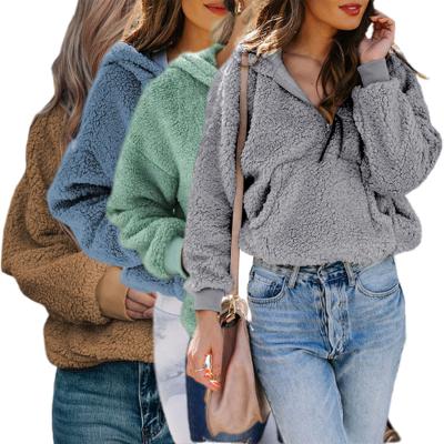 China New Style Fuzzy Long Sleeve Front Pockets Faux Fur Teddy Coats Women Pullover Breathable Zipper Hooded Coats for sale