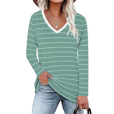 China 2021 Fashion New QUICK DRY V-Neckline Long Sleeve Striped Printed Women's Tops T-Shirts for sale